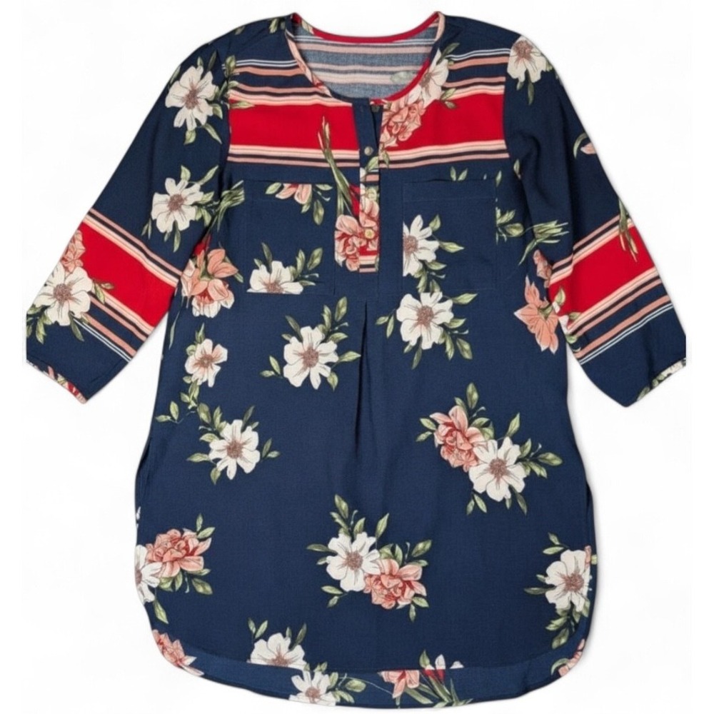 OLIVE HILL Navy Blue Floral CREPE TUNIC MINI DRESS TOP Red/White/Pink Hi-Low XL